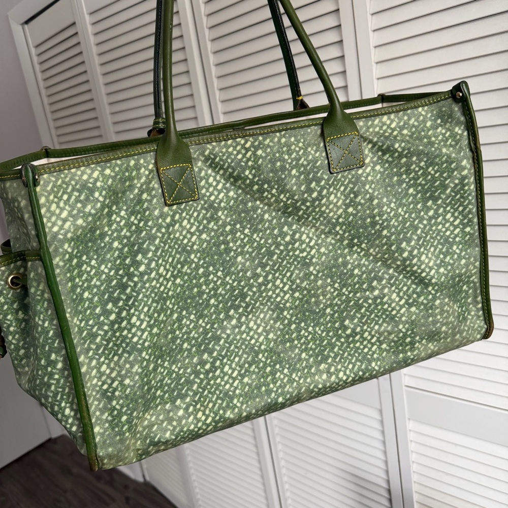 Vintage Dooney & Bourke XL Tote Bag Green Leather Canvas Large Shopper - Picture 5 of 16
